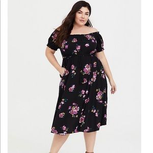 BLACK FLORAL OFF SHOULDER MIDI DRESS